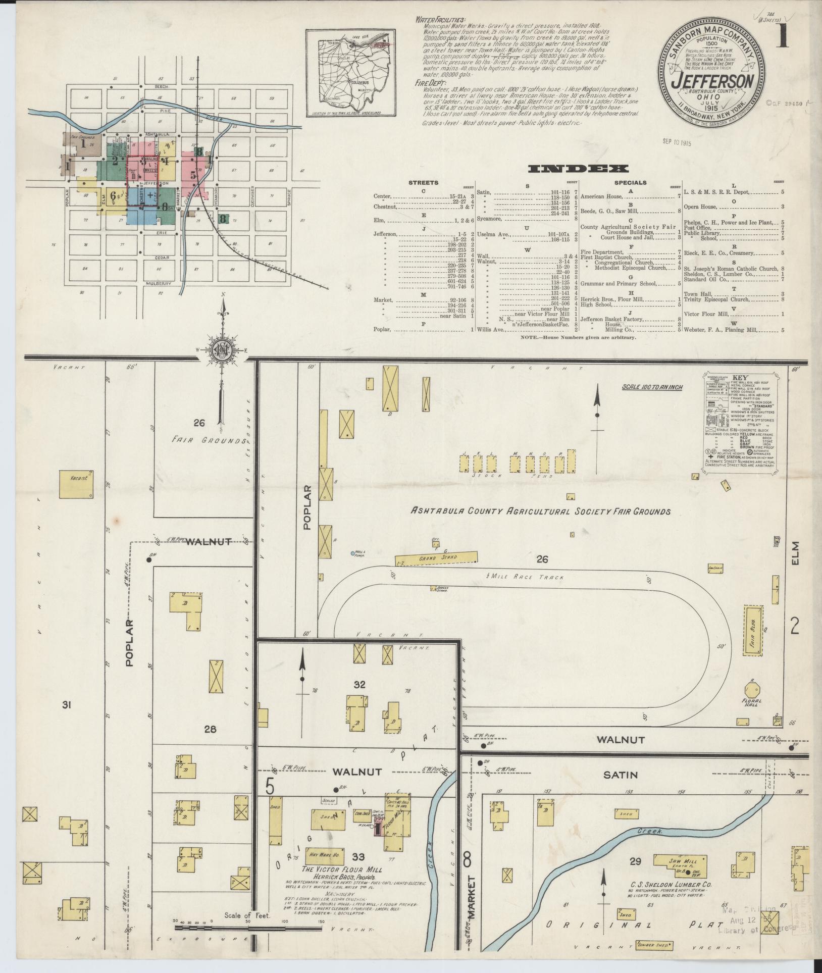 Sanborn Fire Insurance Map from Jefferson, Ashtabula County, Ohio (1915), Sheet #0001 - Historic Sanborn Fire Insurance Map Print, vintage old map wall art, antique decor, genealogy gift, Ohio Ohio map