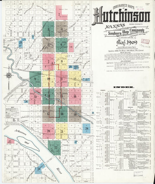 Sanborn Fire Insurance Map from Hutchinson, Reno County, Kansas (1909), Sheet #0001 - Historic Sanborn Fire Insurance Map Print, vintage old map wall art, antique decor, genealogy gift, Kansas Kansas map