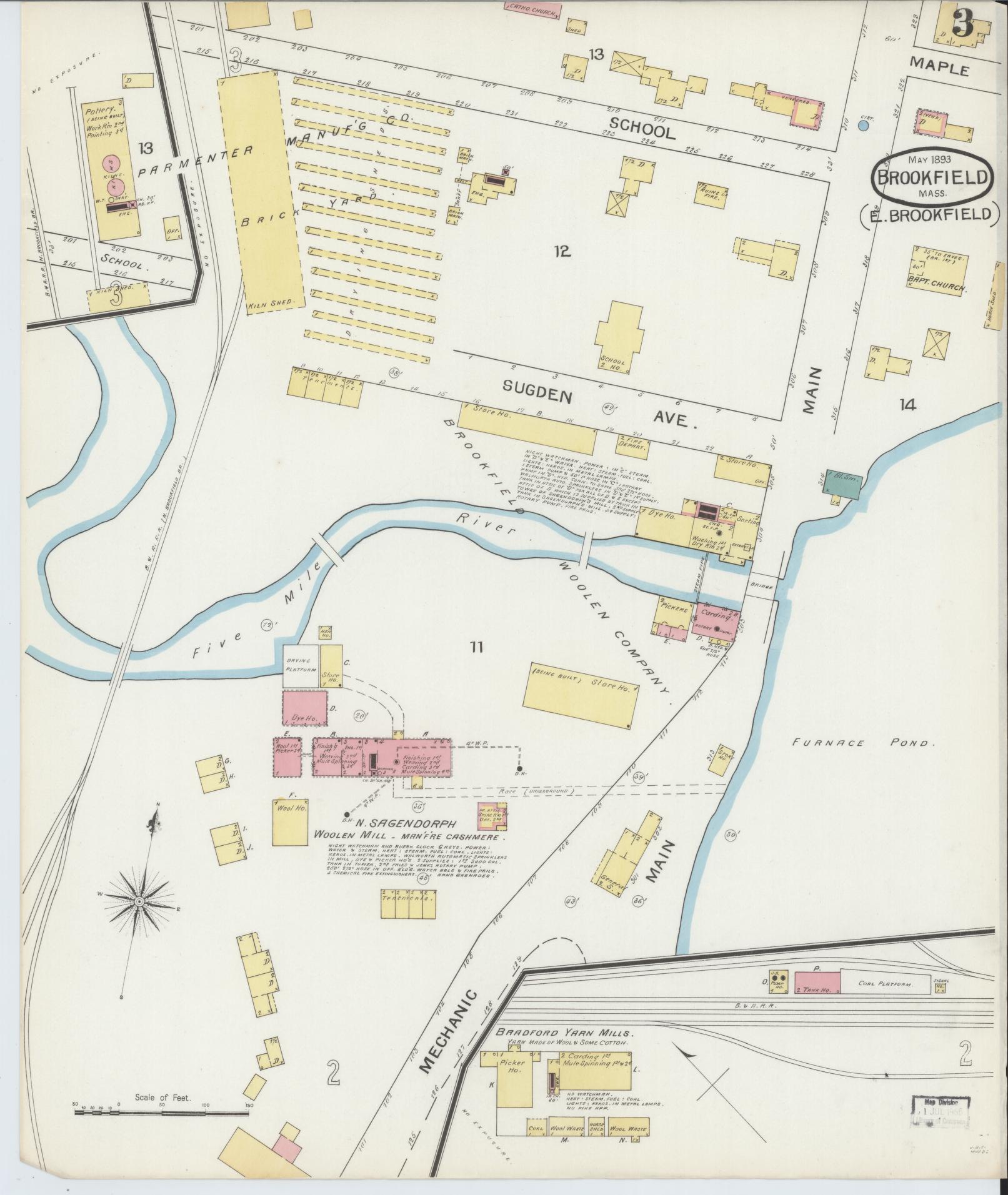 Sanborn Fire Insurance Map from Brookfield, Worcester County, Massachusetts (1893), Sheet #0003 - Complete Map Set gallery image, historic Sanborn map, vintage wall art, Massachusetts Massachusetts