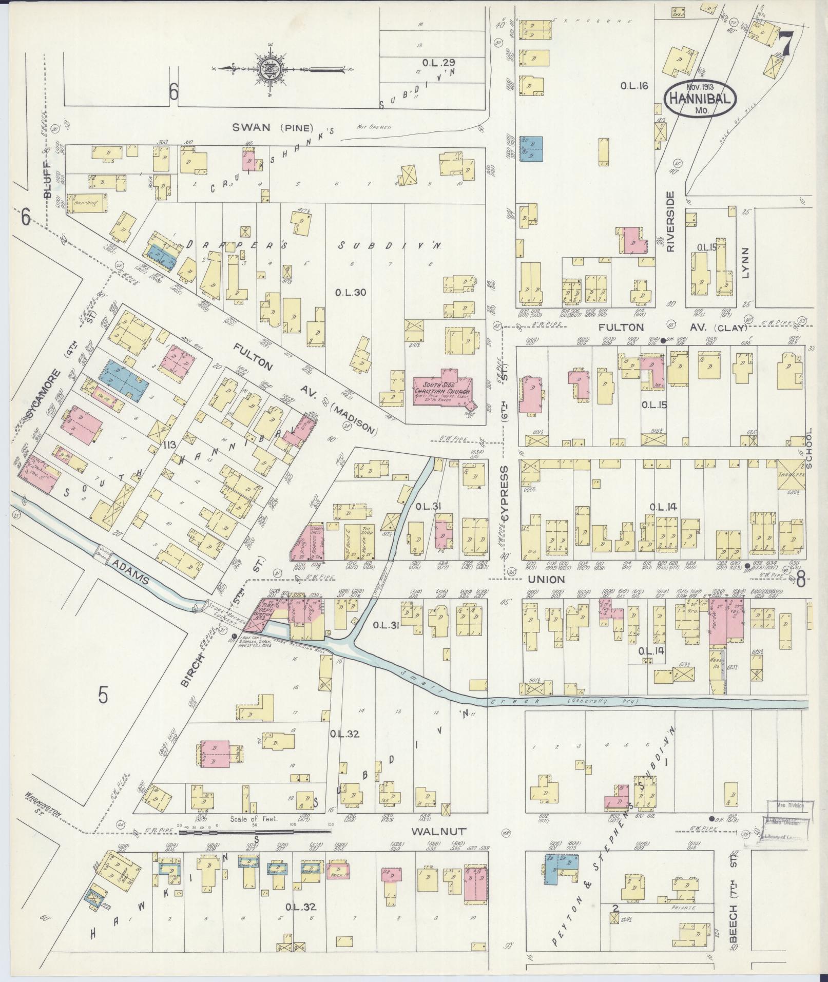 Sanborn Fire Insurance Map from Hannibal, Marion County, Missouri (1913), Sheet #0007 - Complete Map Set gallery image, historic Sanborn map, vintage wall art, Missouri Missouri
