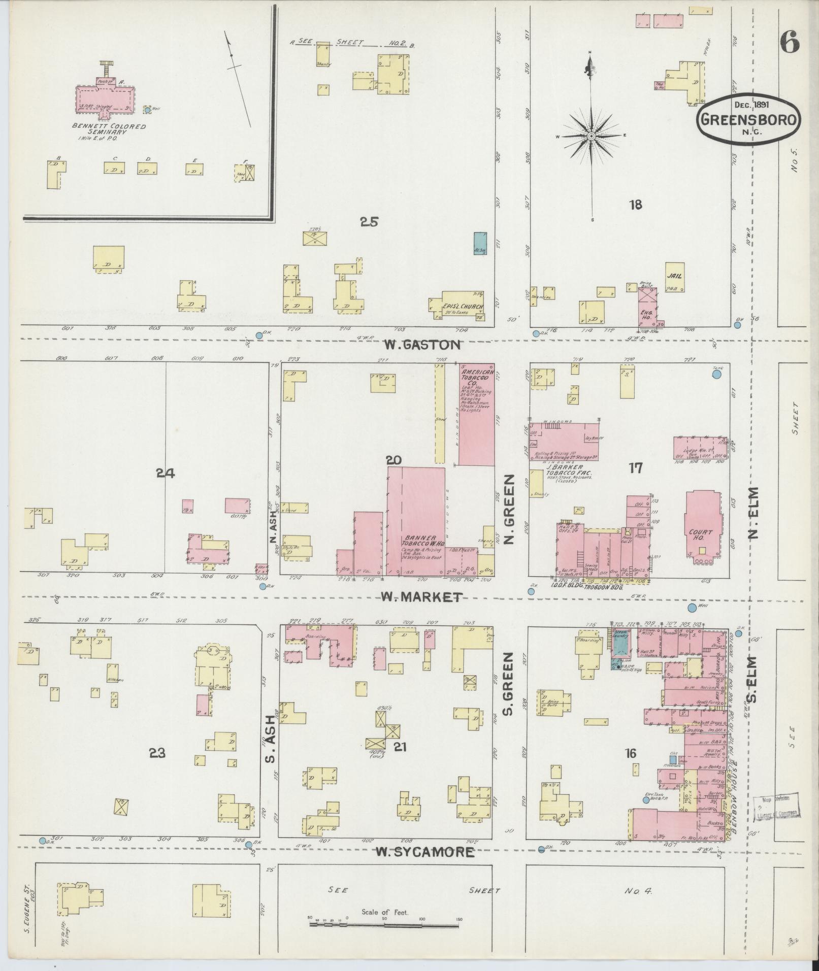 Sanborn Fire Insurance Map from Greensboro, Guilford County, North Carolina (1891), Sheet #0006 - Historic Sanborn Fire Insurance Map Print, vintage old map wall art, antique decor, genealogy gift, North Carolina North Carolina map