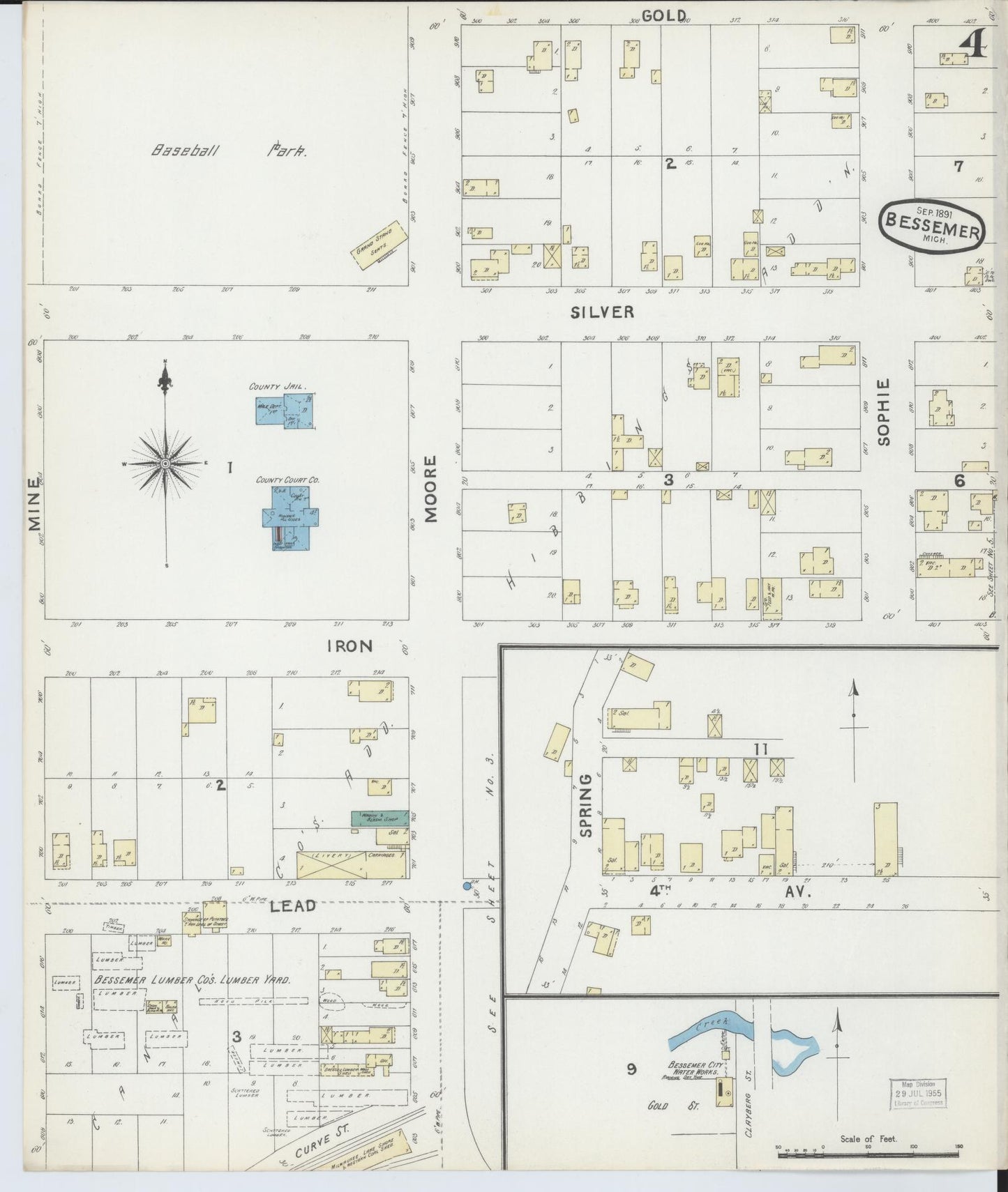 Sanborn Fire Insurance Map from Bessemer, Gogebic County, Michigan (1891), Sheet #0004 - Historic Sanborn Fire Insurance Map Print, vintage old map wall art, antique decor, genealogy gift, Michigan Michigan map