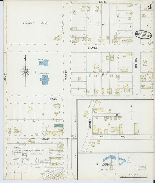 Sanborn Fire Insurance Map from Bessemer, Gogebic County, Michigan (1891), Sheet #0004 - Historic Sanborn Fire Insurance Map Print, vintage old map wall art, antique decor, genealogy gift, Michigan Michigan map