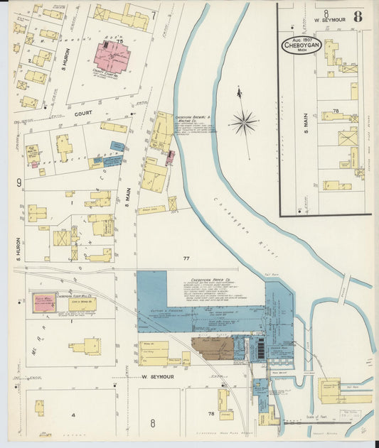 Sanborn Fire Insurance Map from Cheboygan, Cheboygan County, Michigan (1907), Sheet #0008 - Historic Sanborn Fire Insurance Map Print, vintage old map wall art, antique decor, genealogy gift, Michigan Michigan map