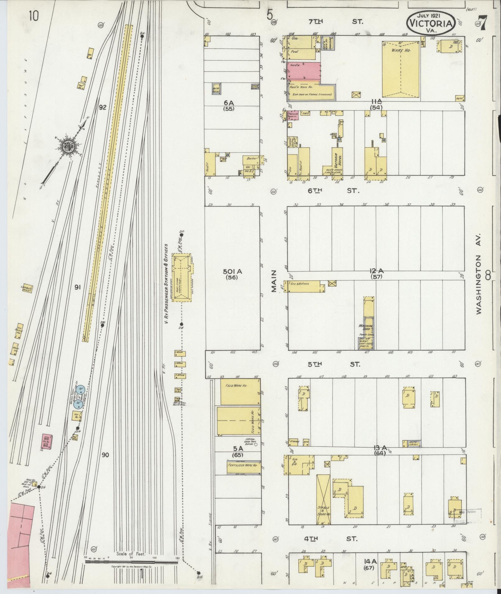 Sanborn Fire Insurance Map from Victoria, Lunenburg County, Virginia (1921), Sheet #0007 - Historic Sanborn Fire Insurance Map Print, vintage old map wall art, antique decor, genealogy gift, Virginia Virginia map