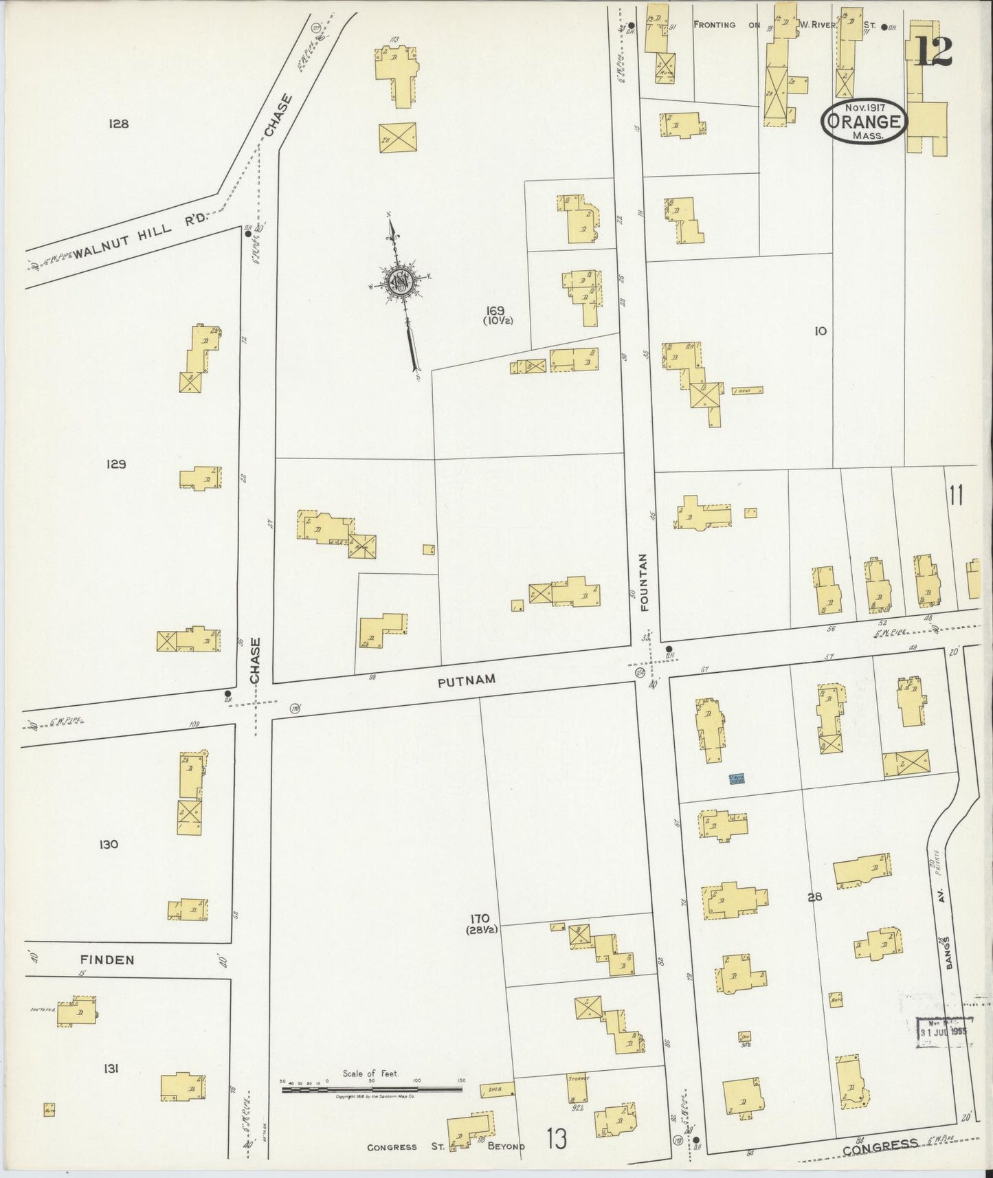 Sanborn Fire Insurance Map from Orange, Franklin County, Massachusetts (1917), Sheet #0012 - Historic Sanborn Fire Insurance Map Print, vintage old map wall art, antique decor, genealogy gift, Massachusetts Massachusetts map