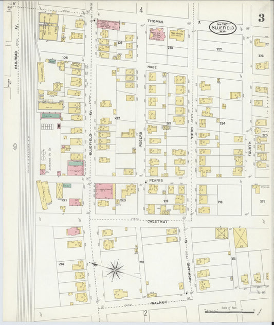 Sanborn Fire Insurance Map from Bluefield, Mercer County, West Virginia (1907), Sheet #0003 - Historic Sanborn Fire Insurance Map Print, vintage old map wall art, antique decor, genealogy gift, West Virginia West Virginia map