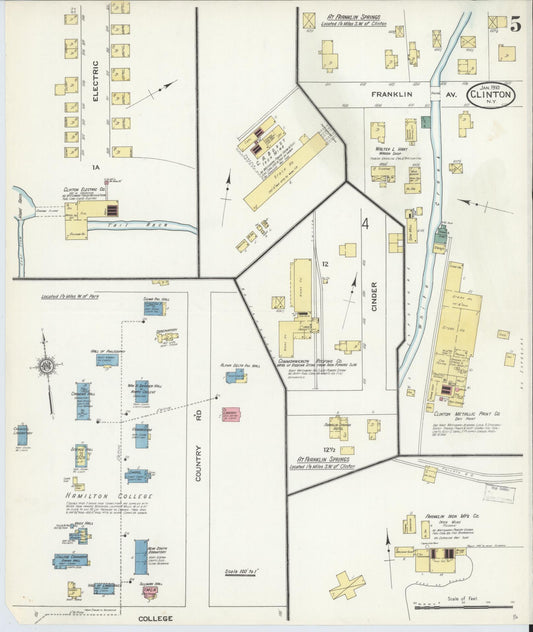 Sanborn Fire Insurance Map from Clinton, Oneida County, New York (1910), Sheet #0005 - Historic Sanborn Fire Insurance Map Print, vintage old map wall art, antique decor, genealogy gift, New York New York map