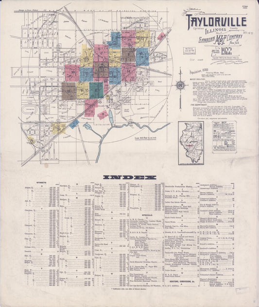 Sanborn Fire Insurance Map from Taylorville, Christian County, Illinois (1922), Sheet #0001 - Historic Sanborn Fire Insurance Map Print, vintage old map wall art, antique decor, genealogy gift, Illinois Illinois map