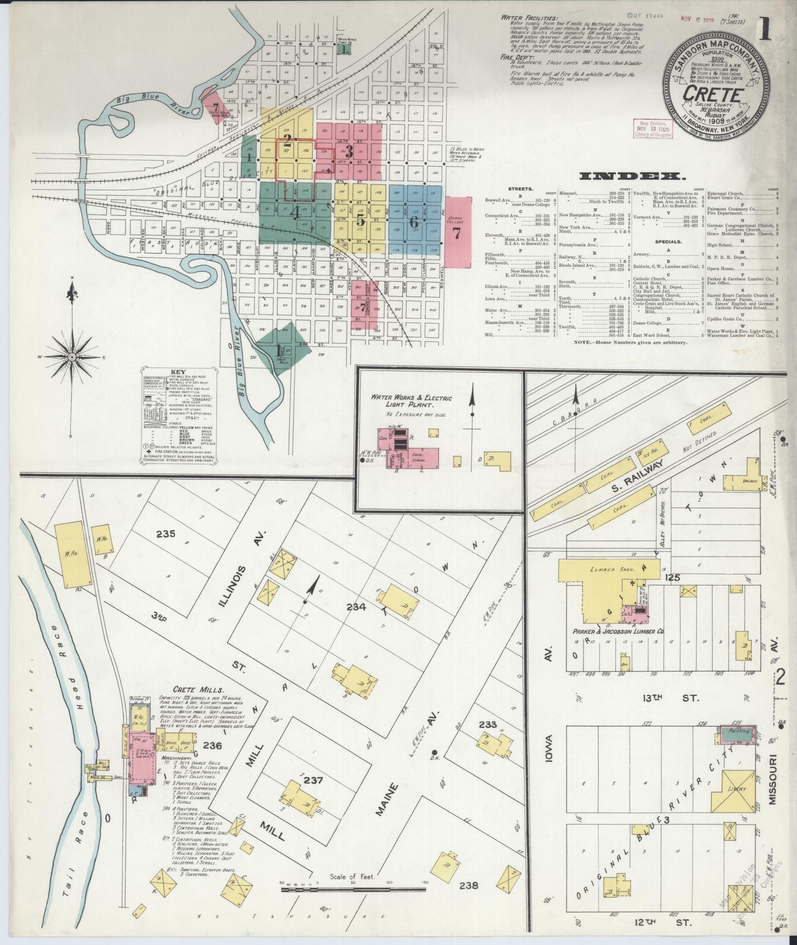 Sanborn Fire Insurance Map from Crete, Saline County, Nebraska (1909), Sheet #0001 - Historic Sanborn Fire Insurance Map Print, vintage old map wall art, antique decor, genealogy gift, Nebraska Nebraska map