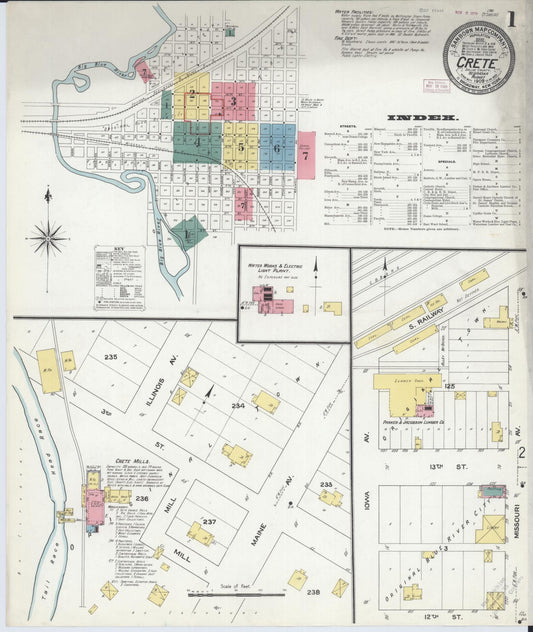Sanborn Fire Insurance Map from Crete, Saline County, Nebraska (1909), Sheet #0001 - Historic Sanborn Fire Insurance Map Print, vintage old map wall art, antique decor, genealogy gift, Nebraska Nebraska map