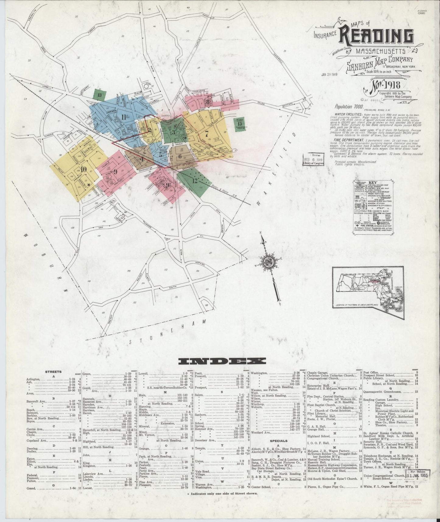 Sanborn Fire Insurance Map from Reading, Middlesex County, Massachusetts (1918), Sheet #0001 - Historic Sanborn Fire Insurance Map Print, vintage old map wall art, antique decor, genealogy gift, Massachusetts Massachusetts map