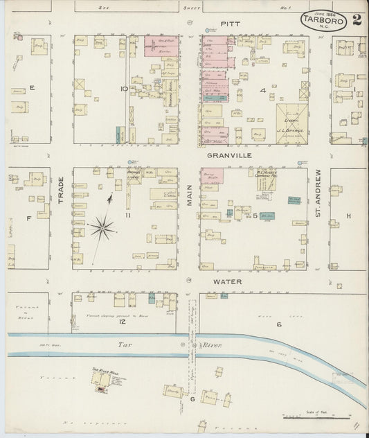 Sanborn Fire Insurance Map from Tarboro, Edgecombe County, North Carolina (1886), Sheet #0002 - Historic Sanborn Fire Insurance Map Print, vintage old map wall art, antique decor, genealogy gift, North Carolina North Carolina map