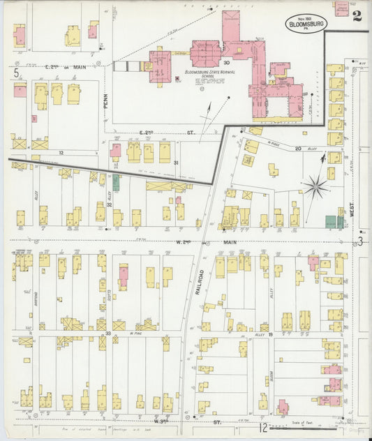 Sanborn Fire Insurance Map from Bloomsburg, Columbia County, Pennsylvania (1901), Sheet #0002 - Historic Sanborn Fire Insurance Map Print, vintage old map wall art, antique decor, genealogy gift, Pennsylvania Pennsylvania map
