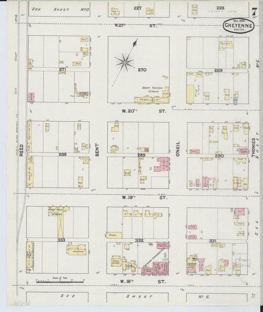 Sanborn Fire Insurance Map from Cheyenne, Laramie County, Wyoming (1890), Sheet #0007 - Historic Sanborn Fire Insurance Map Print, vintage old map wall art, antique decor, genealogy gift, Wyoming Wyoming map
