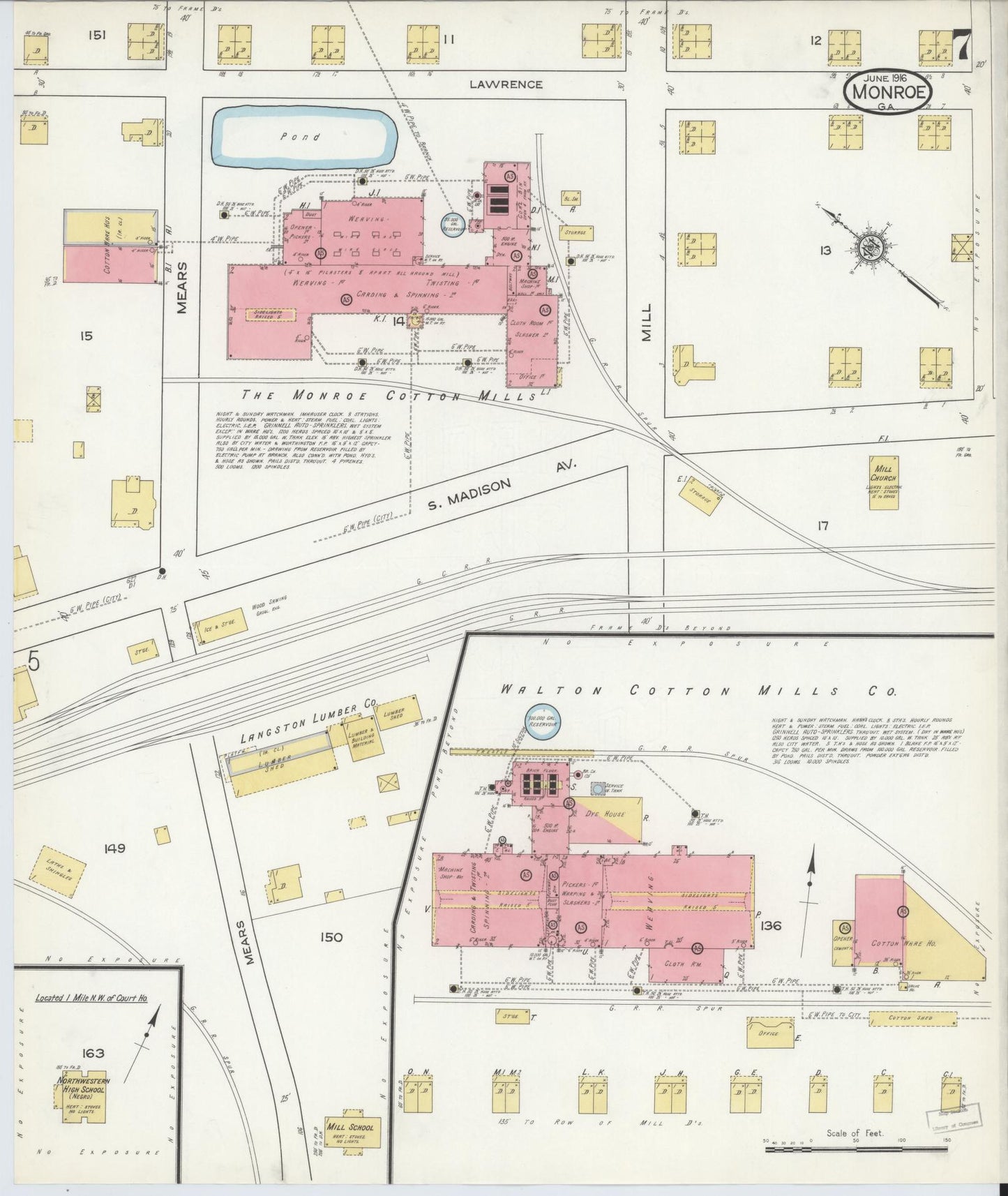 Sanborn Fire Insurance Map from Monroe, Walton County, Georgia (1916), Sheet #0007 - Historic Sanborn Fire Insurance Map Print, vintage old map wall art, antique decor, genealogy gift, Georgia Georgia map