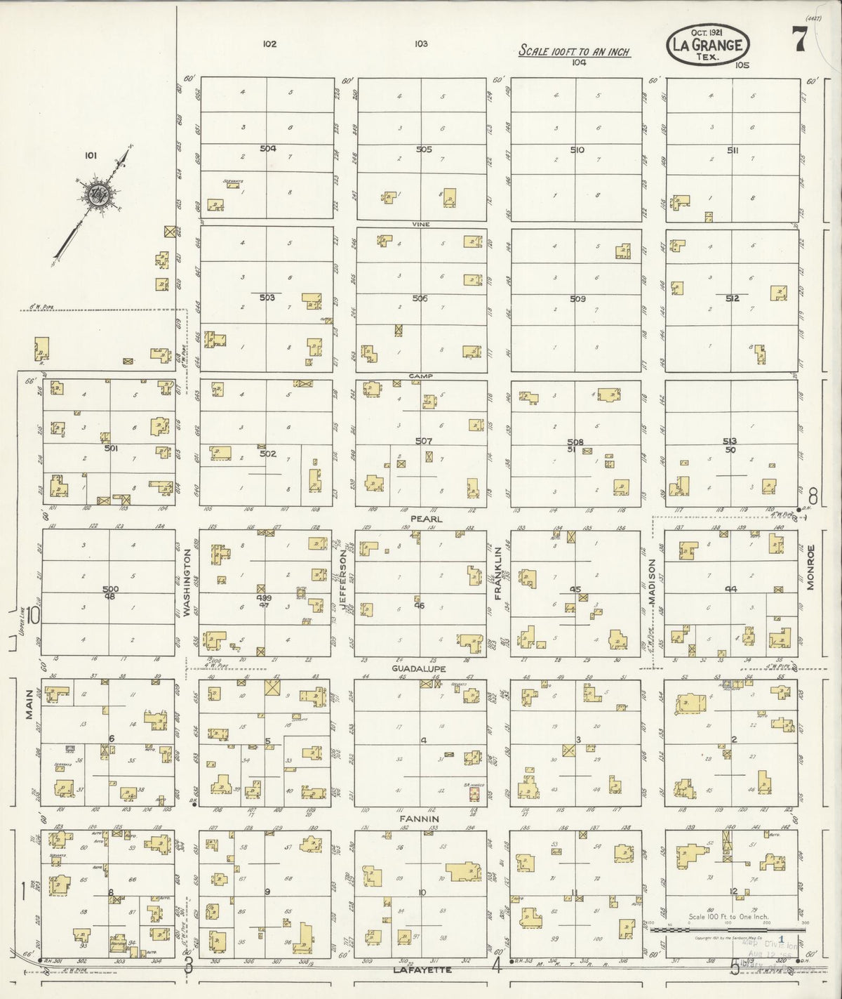 Sanborn Fire Insurance Map from La Grange, Fayette County, Texas (1921), Sheet #0007 - Complete Map Set gallery image, historic Sanborn map, vintage wall art, Texas Texas