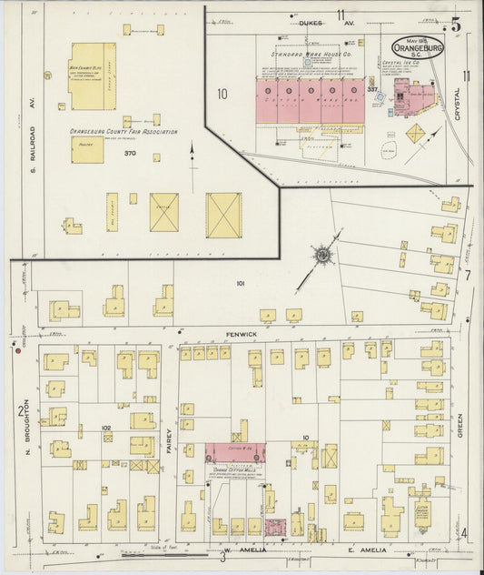 Sanborn Fire Insurance Map from Orangeburg, Orangeburg County, South Carolina (1915), Sheet #0005 - Historic Sanborn Fire Insurance Map Print, vintage old map wall art, antique decor, genealogy gift, South Carolina South Carolina map