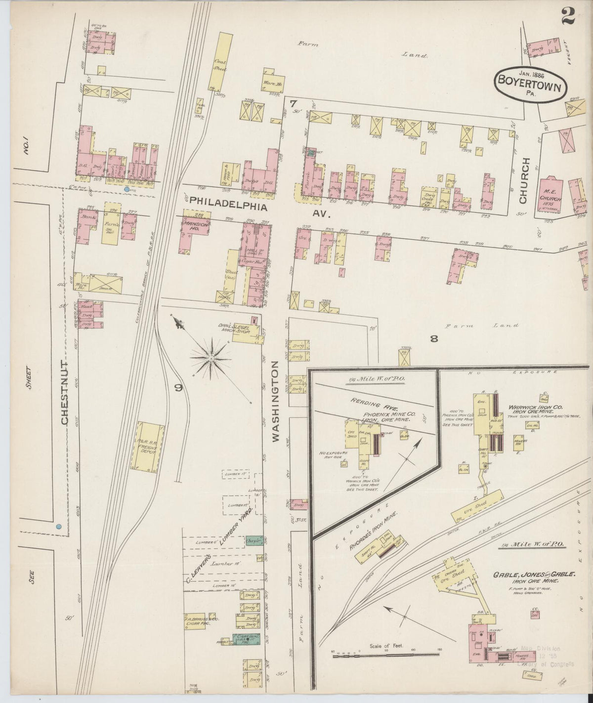 Sanborn Fire Insurance Map from Boyertown, Berks County, Pennsylvania (1886), Sheet #0002 - Complete Map Set gallery image, historic Sanborn map, vintage wall art, Pennsylvania Pennsylvania