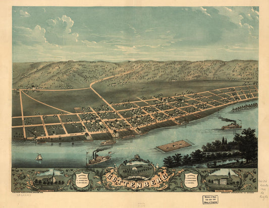 Bird's eye view of Guttenberg, Clayton County, Iowa 1869. (1869) – Historic Bird’s-Eye View Panorama Print