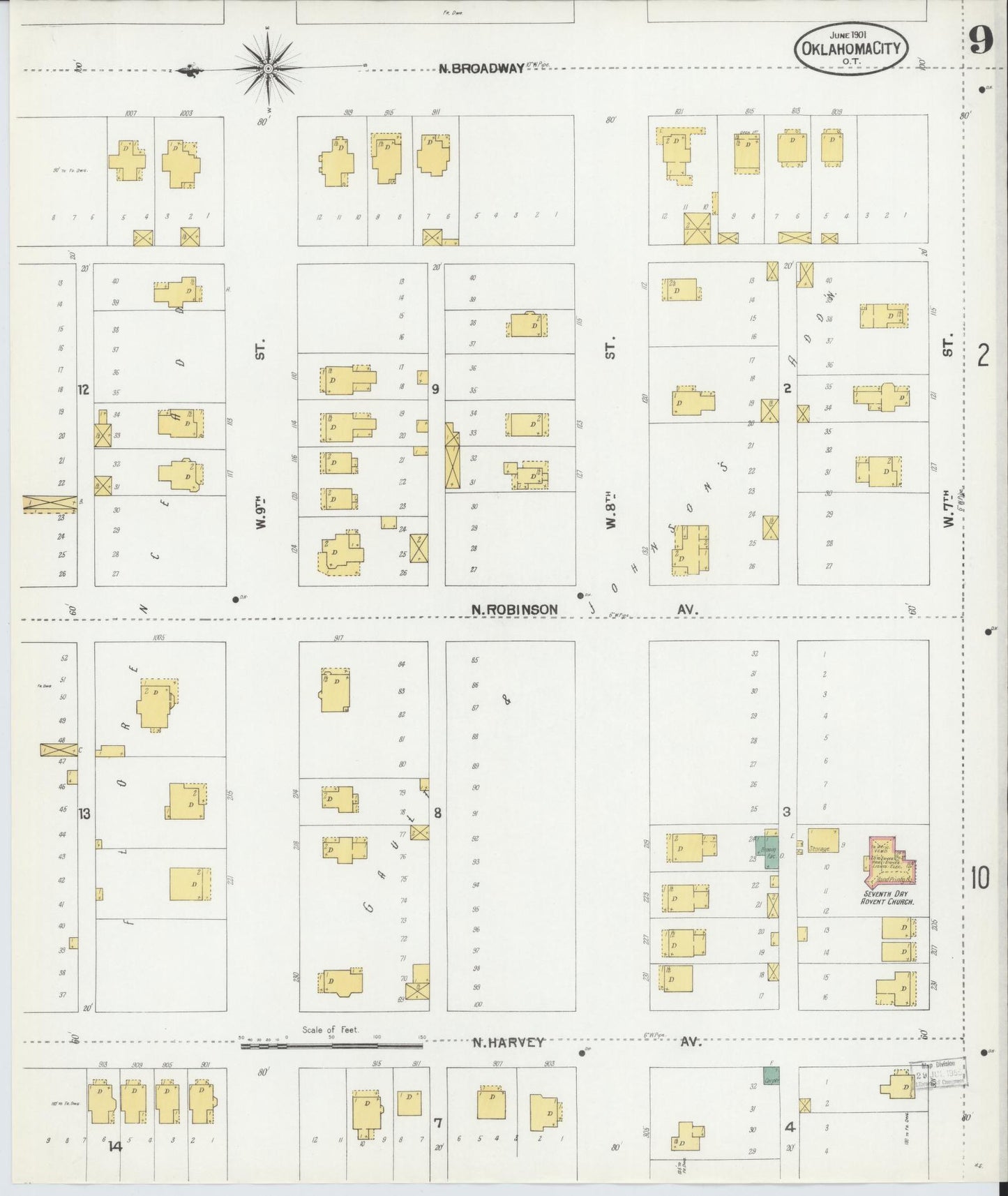 Sanborn Fire Insurance Map from Oklahoma City, Oklahoma County, Oklahoma (1901), Sheet #0009 - Complete Map Set gallery image, historic Sanborn map, vintage wall art, Oklahoma City Oklahoma