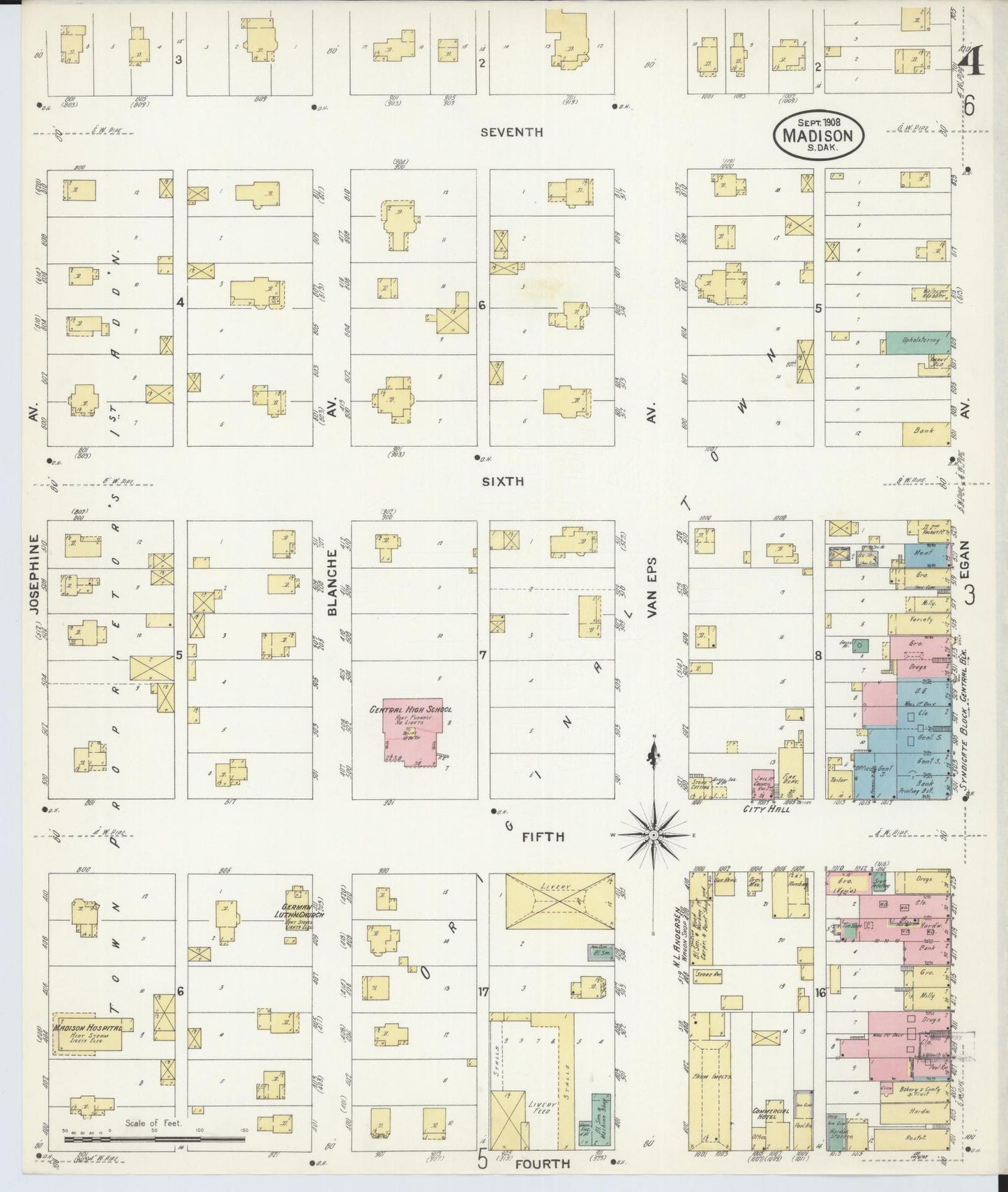 Sanborn Fire Insurance Map from Madison, Lake County, South Dakota (1908), Sheet #0004 - Complete Map Set gallery image, historic Sanborn map, vintage wall art, South Dakota South Dakota