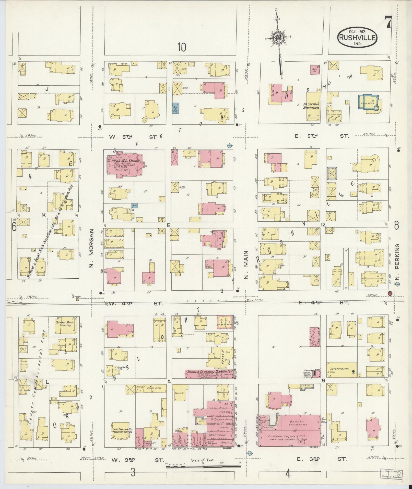 Sanborn Fire Insurance Map from Rushville, Rush County, Indiana (1913), Sheet #0007 - Complete Map Set gallery image, historic Sanborn map, vintage wall art, Indiana Indiana