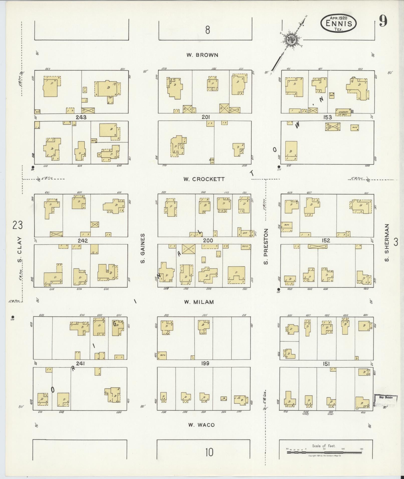 Sanborn Fire Insurance Map from Ennis, Ellis County, Texas (1920), Sheet #0009 - Complete Map Set gallery image, historic Sanborn map, vintage wall art, Texas Texas