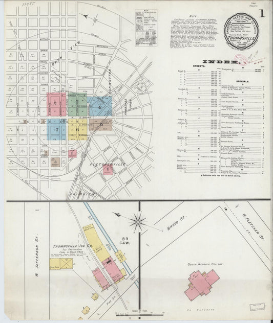 Sanborn Fire Insurance Map from Thomasville, Thomas County, Georgia (1895), Sheet #0001 - Historic Sanborn Fire Insurance Map Print, vintage old map wall art, antique decor, genealogy gift, Georgia Georgia map