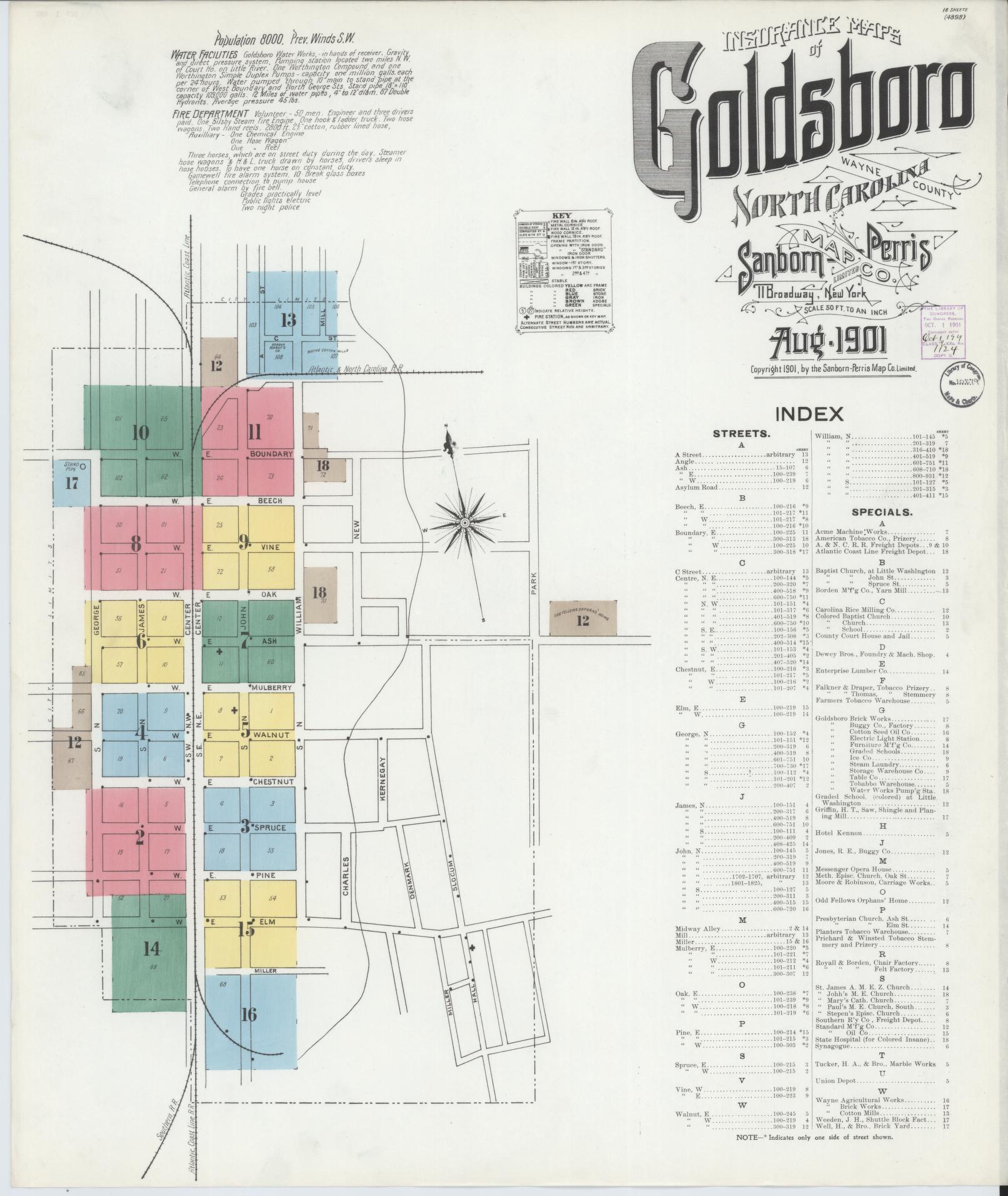 Sanborn Fire Insurance Map from Goldsboro, Wayne County, North Carolina (1901), Sheet #0001 - Complete Map Set gallery image, historic Sanborn map, vintage wall art, North Carolina North Carolina