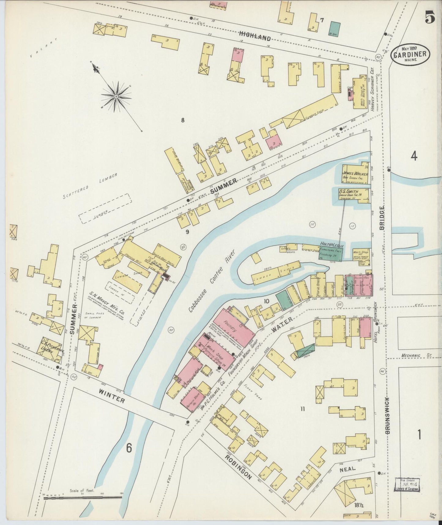 Sanborn Fire Insurance Map from Gardiner, Kennebec County, Maine (1897), Sheet #0005 - Complete Map Set gallery image, historic Sanborn map, vintage wall art, Maine Maine