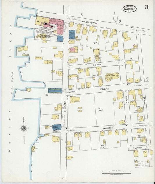 Sanborn Fire Insurance Map from Warren, Bristol County, Rhode Island (1920), Sheet #0008 - Historic Sanborn Fire Insurance Map Print, vintage old map wall art, antique decor, genealogy gift, Rhode Island Rhode Island map