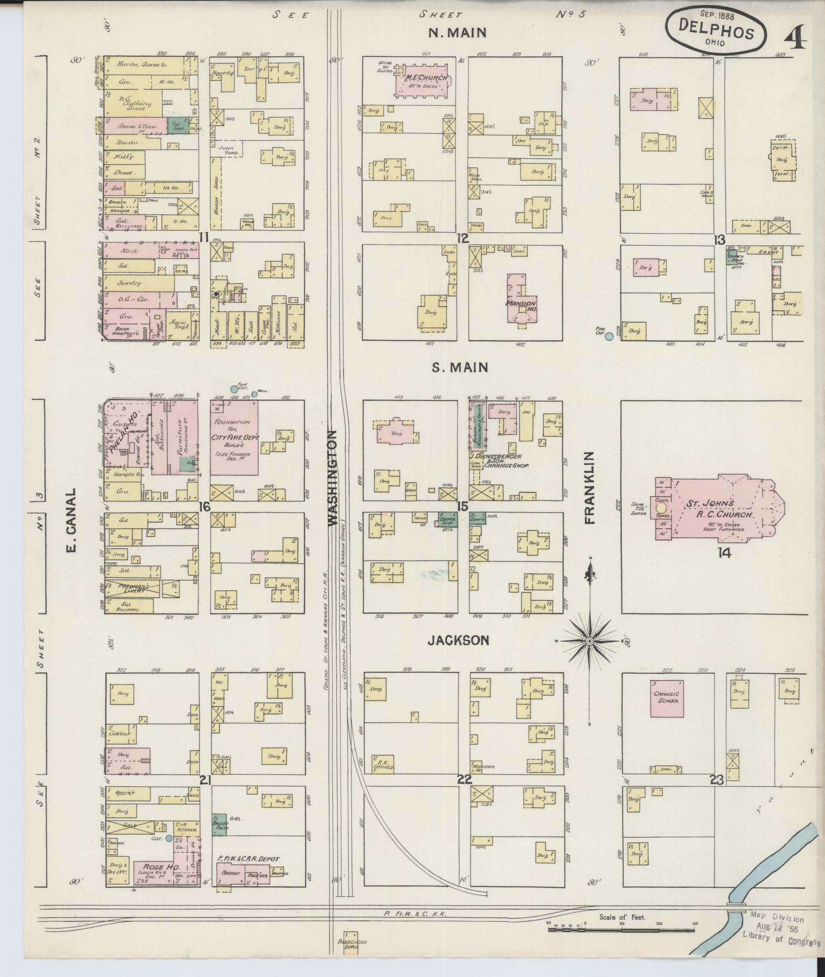 Sanborn Fire Insurance Map from Delphos, Van Wert And Allen Counties, Ohio (1888), Sheet #0004 - Historic Sanborn Fire Insurance Map Print, vintage old map wall art, antique decor, genealogy gift, Ohio Ohio map