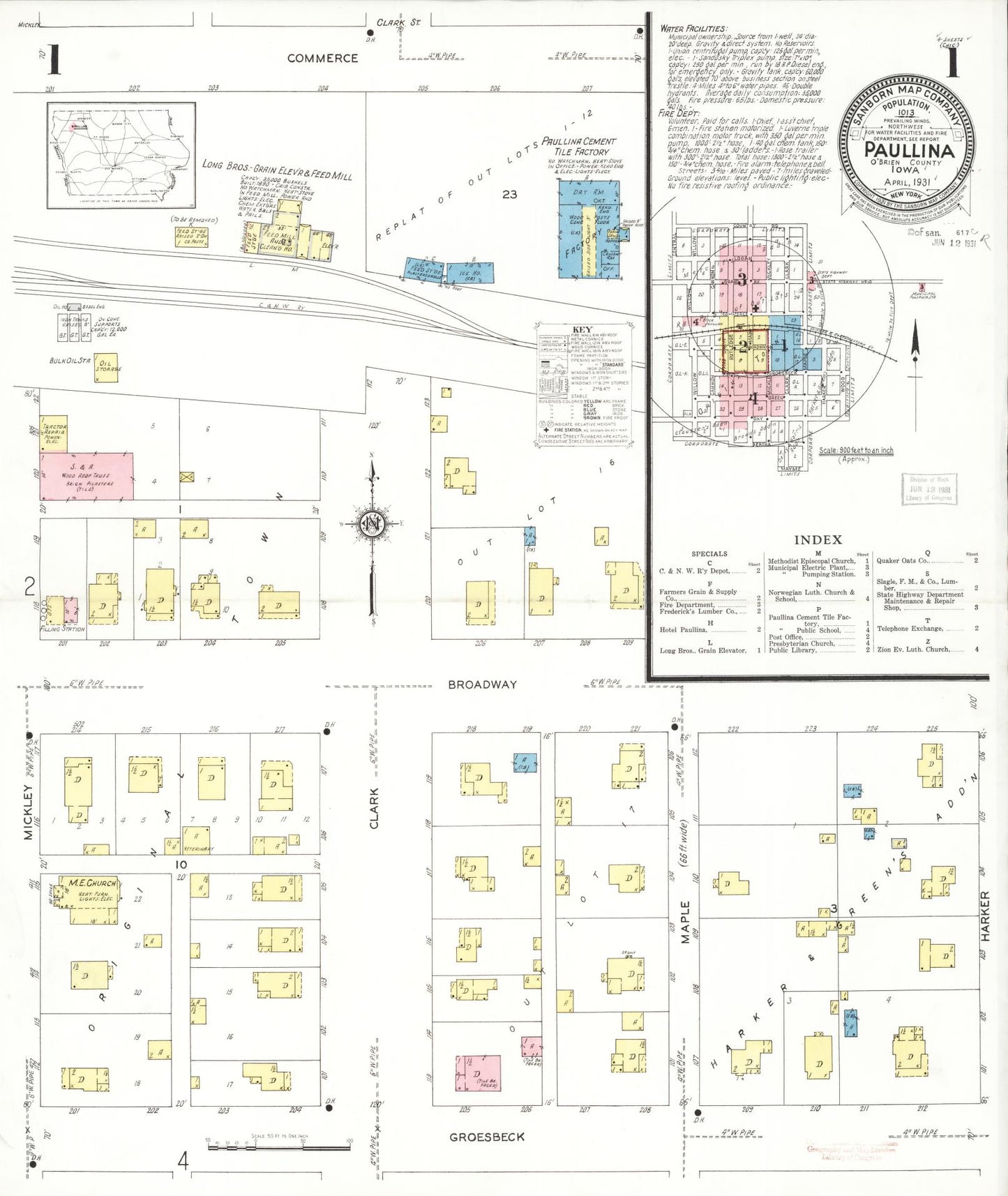 Sanborn Fire Insurance Map from Paullina, O'Brien County, Iowa (1931), Sheet #0001 - Historic Sanborn Fire Insurance Map Print, vintage old map wall art