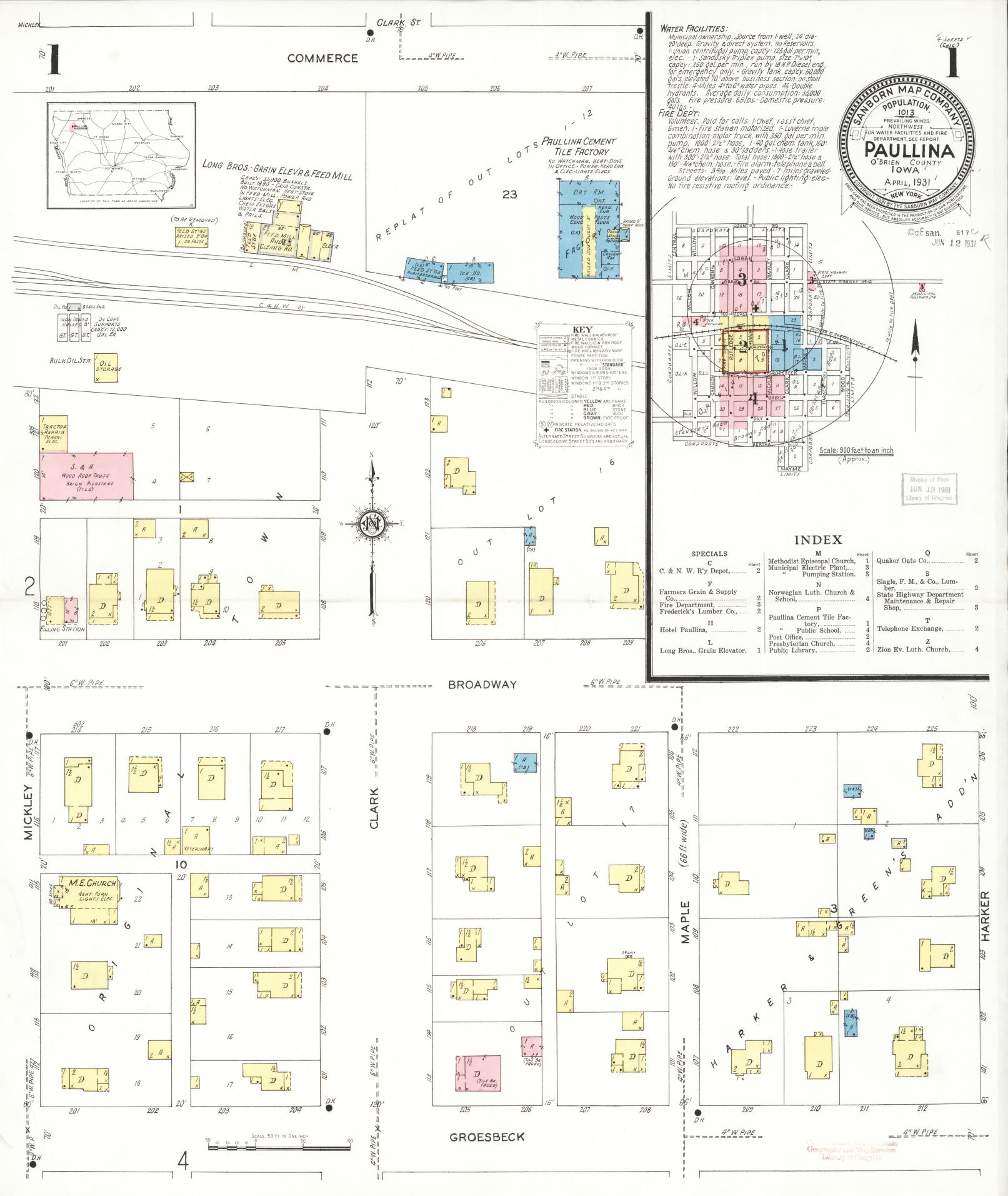 Sanborn Fire Insurance Map from Paullina, O'Brien County, Iowa (1931), Sheet #0001 - Historic Sanborn Fire Insurance Map Print, vintage old map wall art