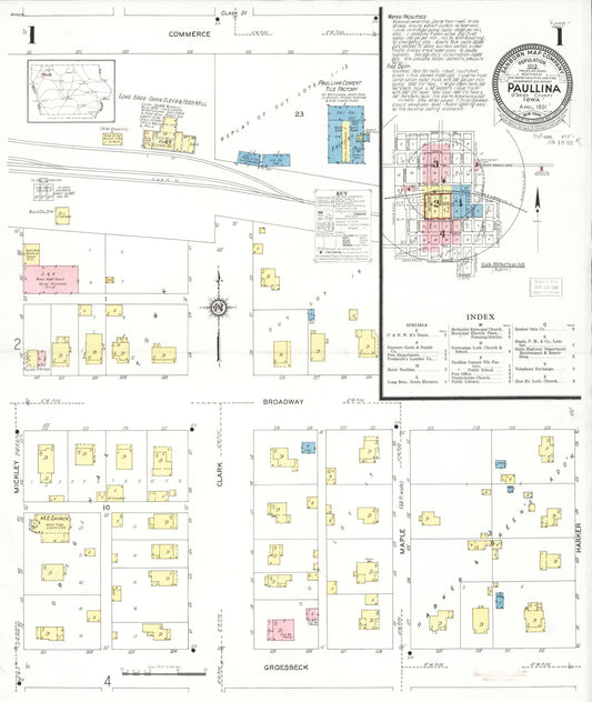 Sanborn Fire Insurance Map from Paullina, O'Brien County, Iowa (1931), Sheet #0001 - Historic Sanborn Fire Insurance Map Print, vintage old map wall art