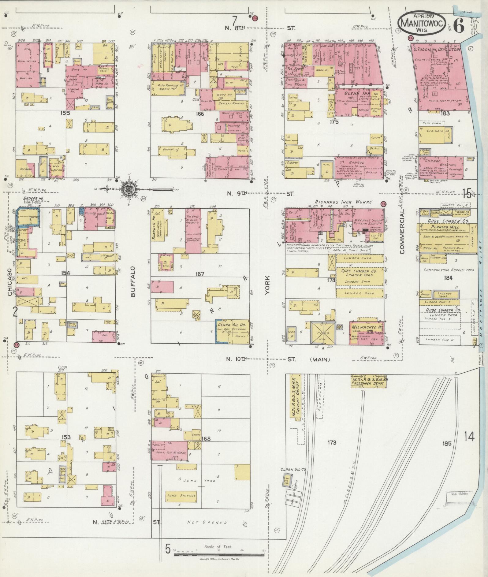 Sanborn Fire Insurance Map from Manitowoc, Manitowoc County, Wisconsin (1919), Sheet #0006 - Historic Sanborn Fire Insurance Map Print, vintage old map wall art, antique decor, genealogy gift, Wisconsin Wisconsin map