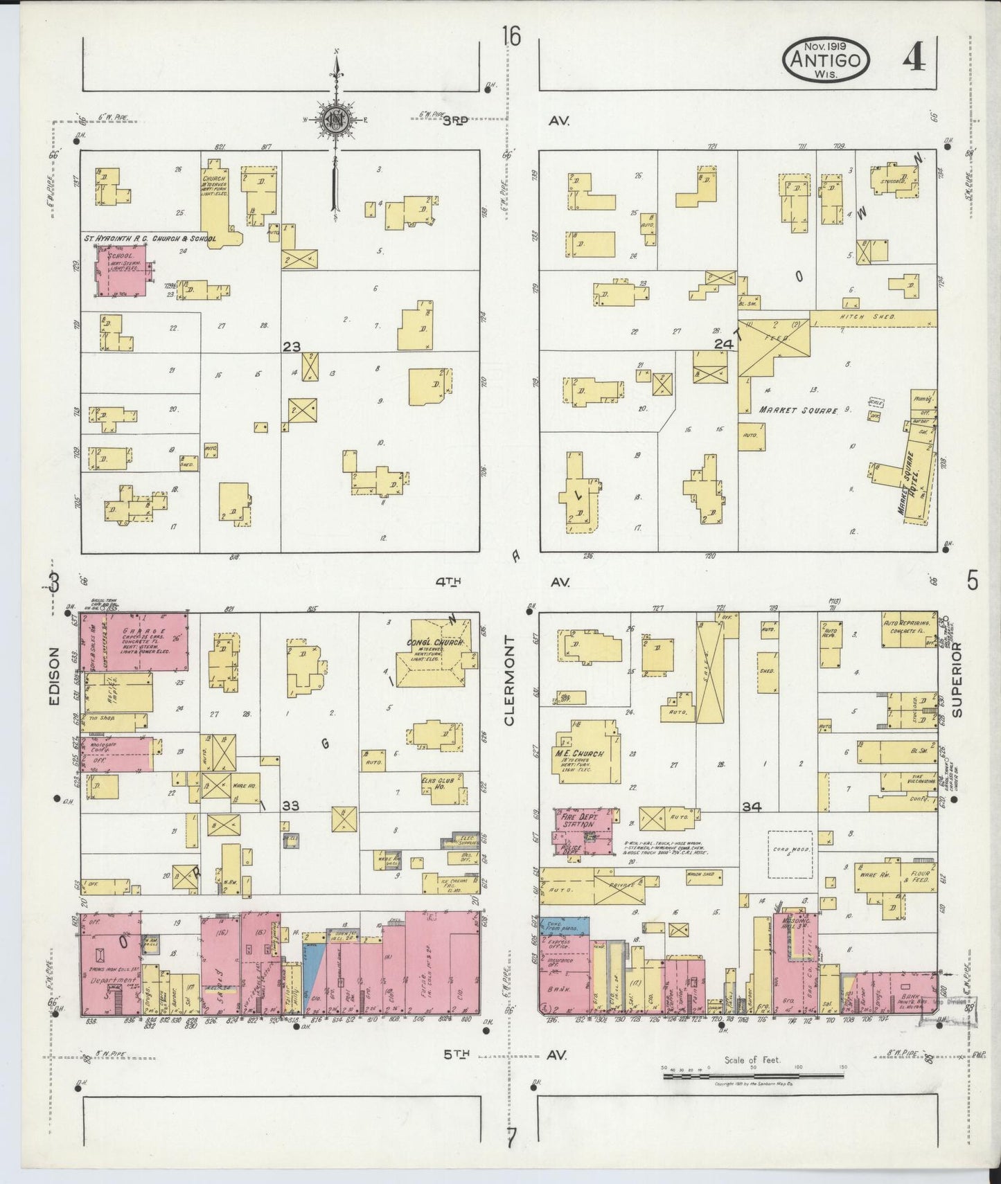Sanborn Fire Insurance Map from Antigo, Langlade County, Wisconsin (1919), Sheet #0004 - Historic Sanborn Fire Insurance Map Print, vintage old map wall art, antique decor, genealogy gift, Wisconsin Wisconsin map