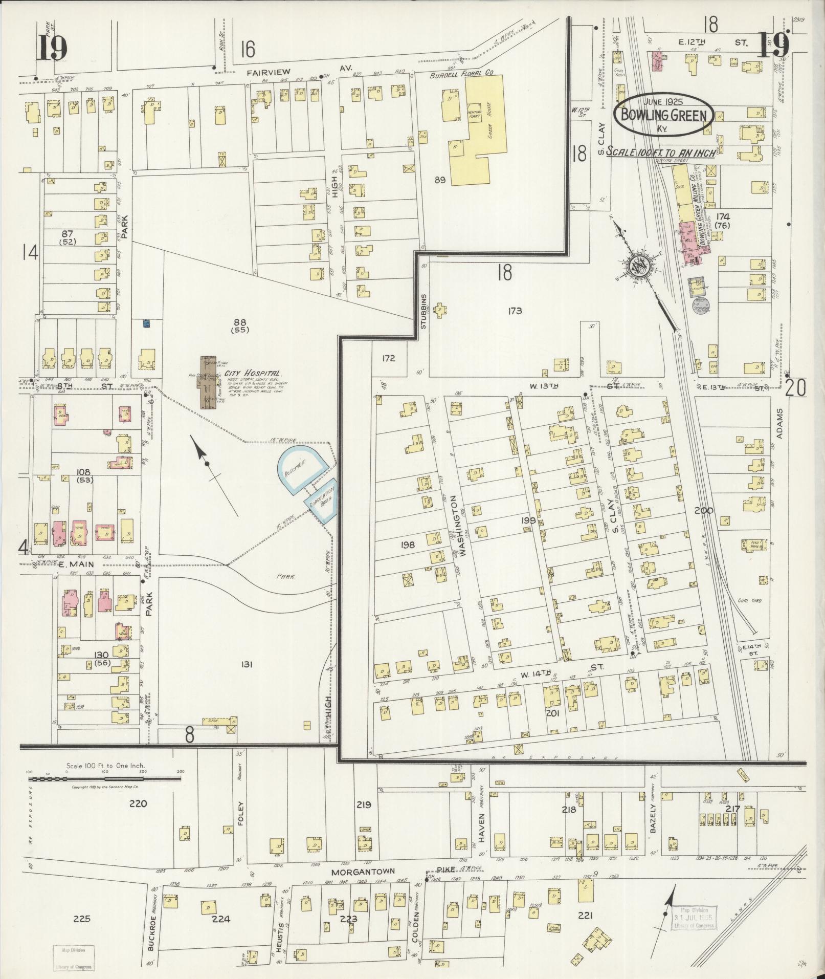 Sanborn Fire Insurance Map from Bowling Green, Warren County, Kentucky (1925), Sheet #0019 - Historic Sanborn Fire Insurance Map Print, vintage old map wall art, antique decor, genealogy gift, Kentucky Kentucky map