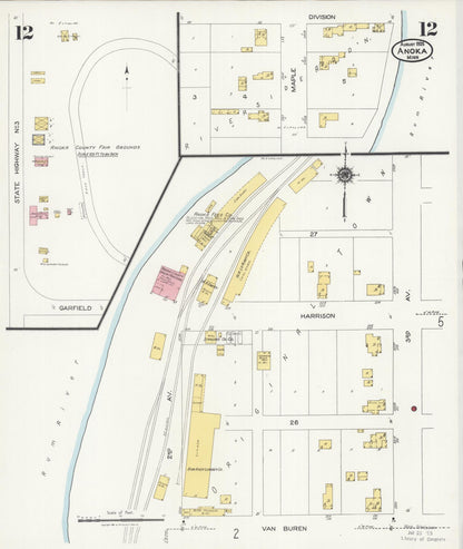 Sanborn Fire Insurance Map from Anoka, Anoka County, Minnesota (1925), Sheet #0012 - Historic Sanborn Fire Insurance Map Print, vintage old map wall art, antique decor, genealogy gift, Minnesota Minnesota map