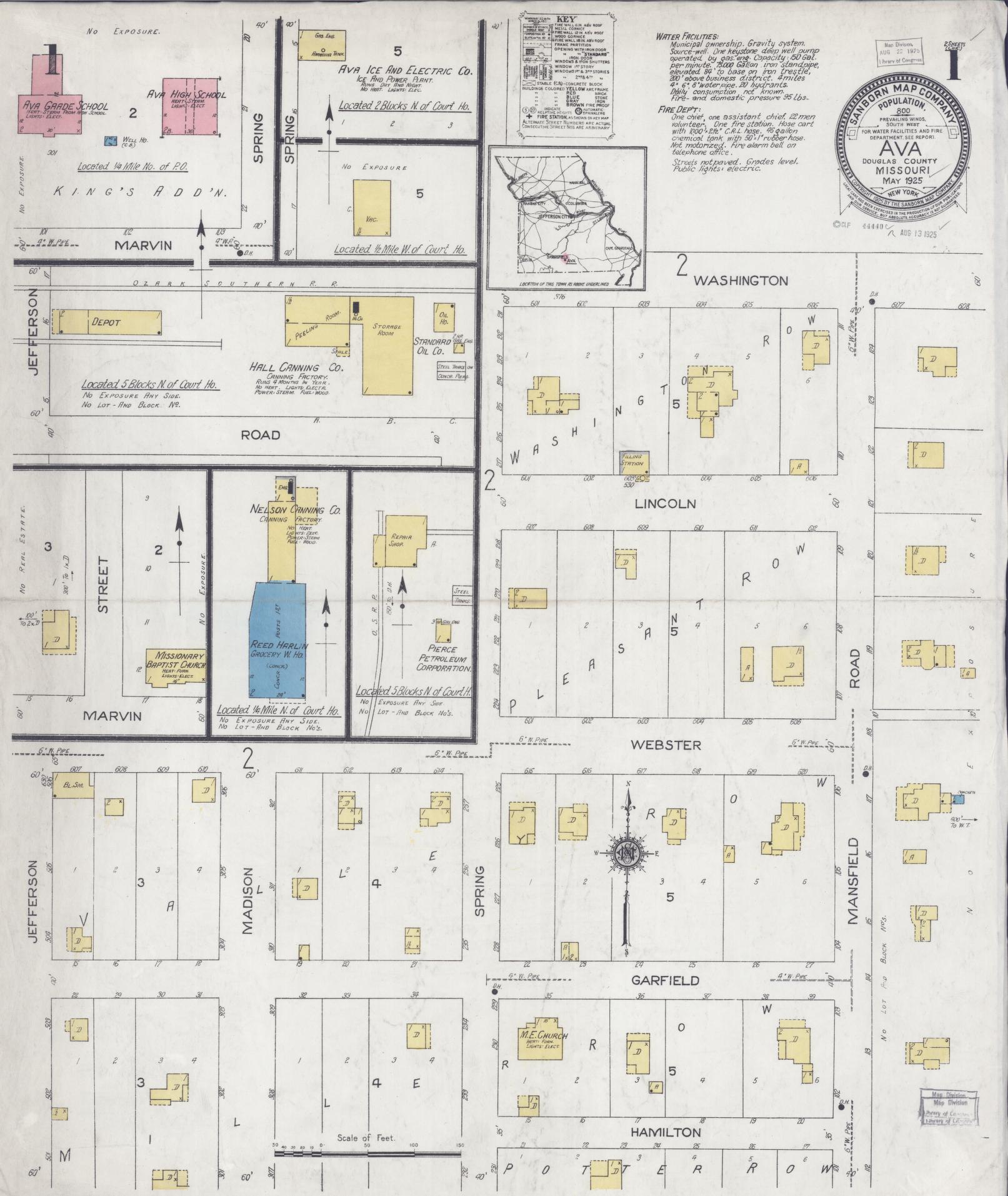 Sanborn Fire Insurance Map from Ava, Douglas County, Missouri (1925), Sheet #0001 - Complete Map Set gallery image, historic Sanborn map, vintage wall art, Missouri Missouri