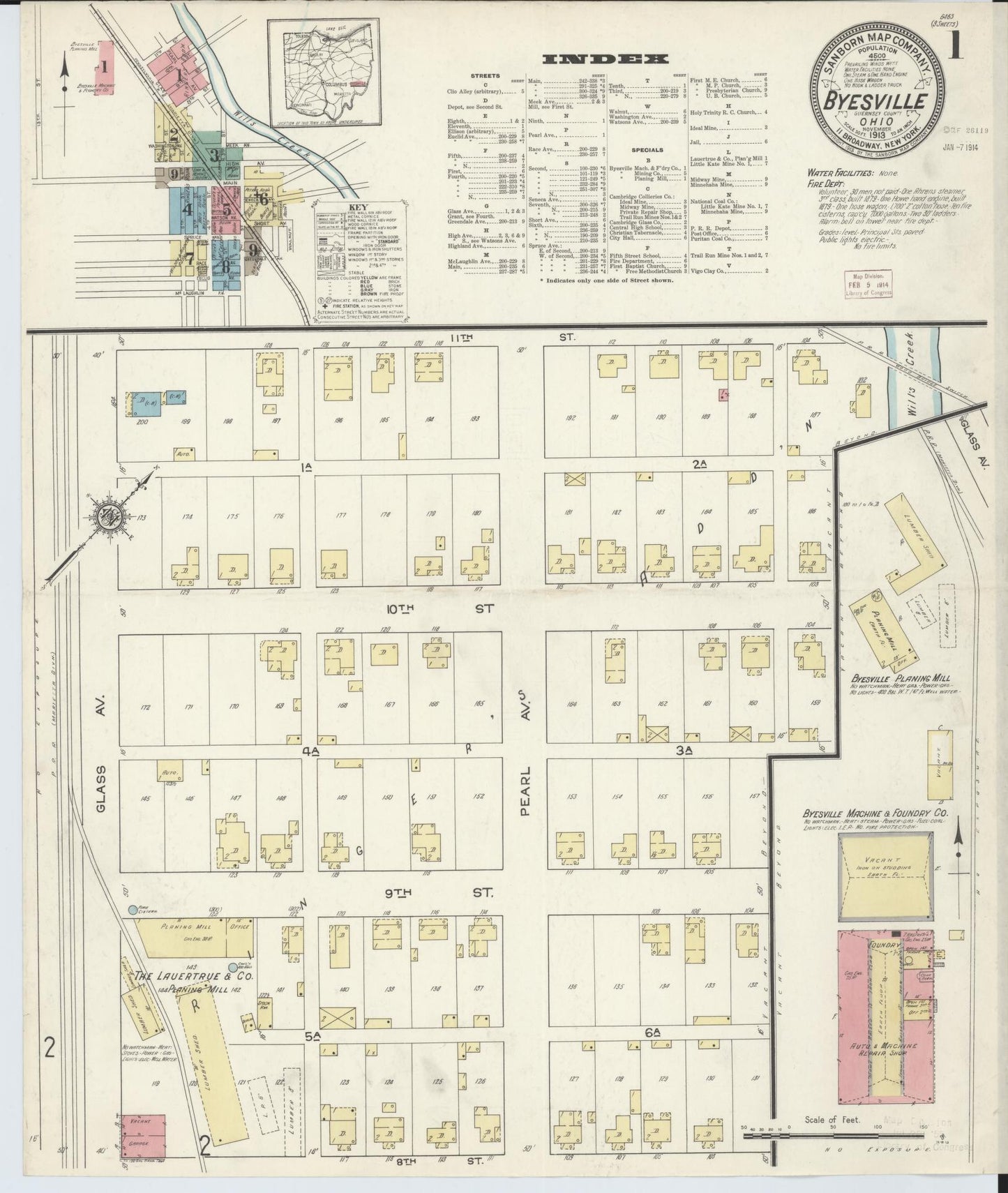 Sanborn Fire Insurance Map from Byesville, Guernsey County, Ohio (1913), Sheet #0001 - Historic Sanborn Fire Insurance Map Print, vintage old map wall art, antique decor, genealogy gift, Ohio Ohio map