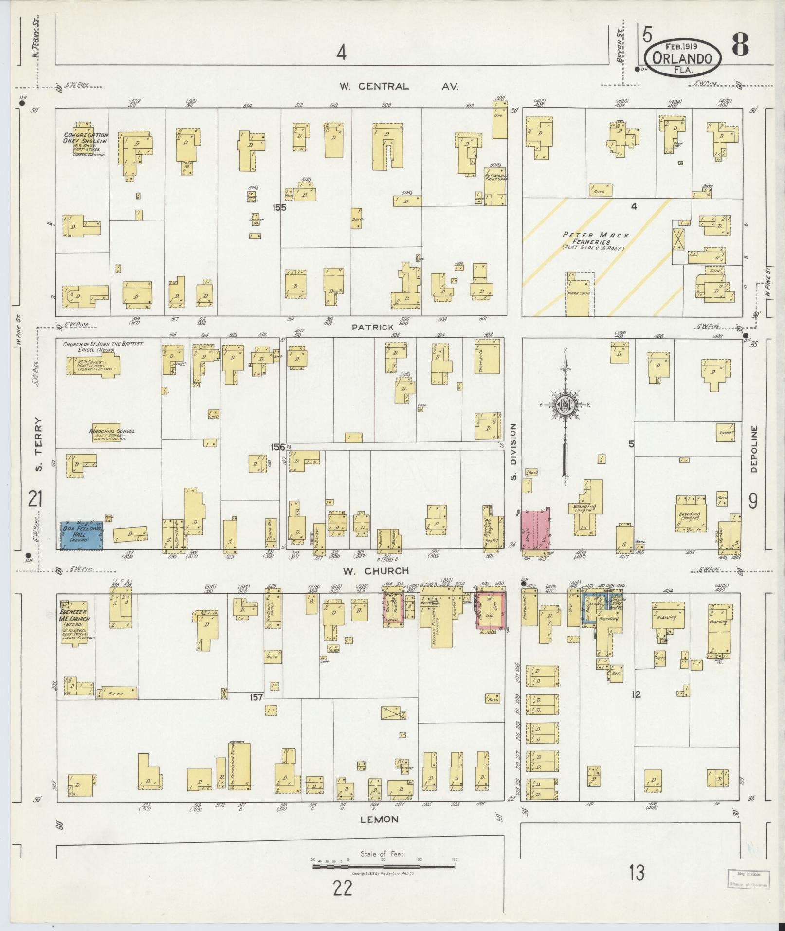 Sanborn Fire Insurance Map from Orlando, Orange County, Florida (1919), Sheet #0008 - Historic Sanborn Fire Insurance Map Print, vintage old map wall art, antique decor, genealogy gift, Florida Florida map