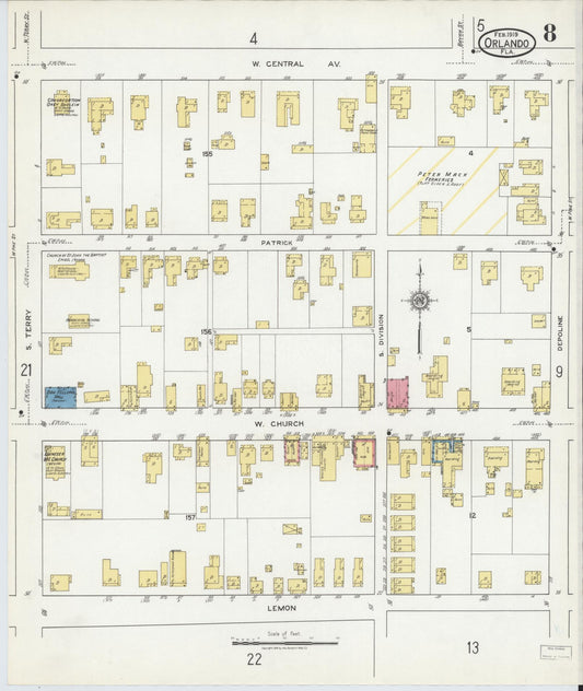 Sanborn Fire Insurance Map from Orlando, Orange County, Florida (1919), Sheet #0008 - Historic Sanborn Fire Insurance Map Print, vintage old map wall art, antique decor, genealogy gift, Florida Florida map