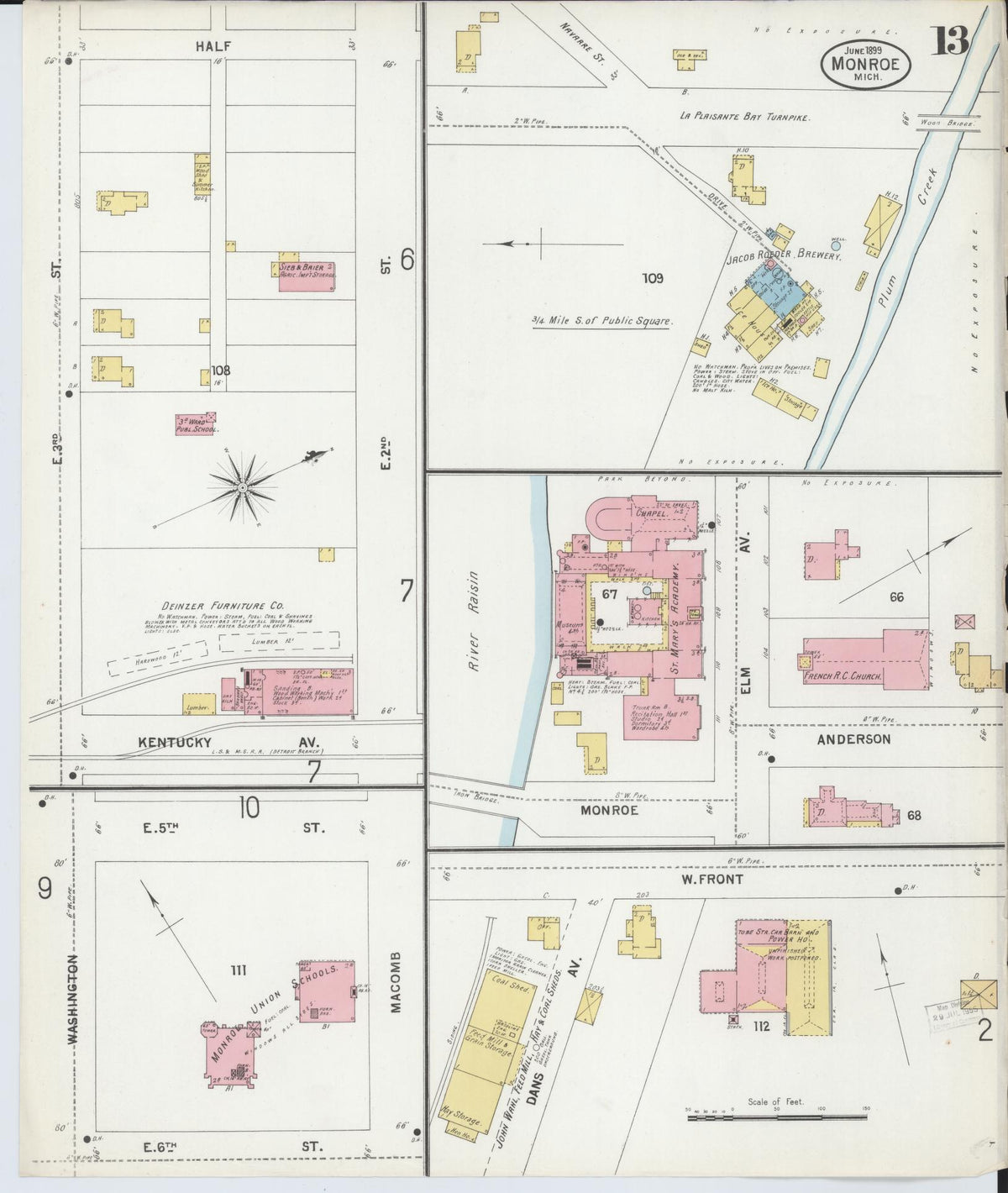 Sanborn Fire Insurance Map from Monroe, Monroe County, Michigan (1899), Sheet #0013 - Historic Sanborn Fire Insurance Map Print, vintage old map wall art, antique decor, genealogy gift, Michigan Michigan map