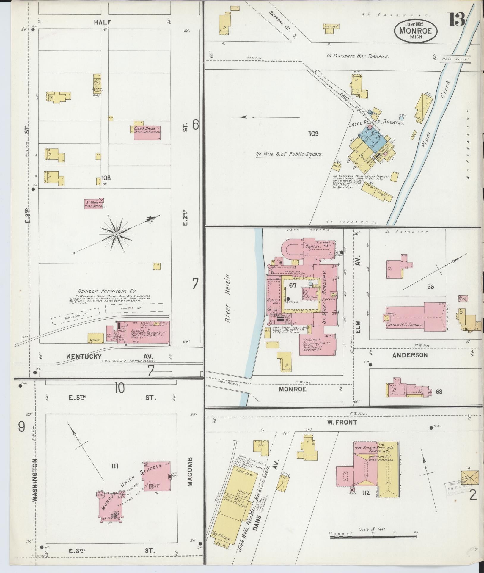 Sanborn Fire Insurance Map from Monroe, Monroe County, Michigan (1899), Sheet #0013 - Historic Sanborn Fire Insurance Map Print, vintage old map wall art, antique decor, genealogy gift, Michigan Michigan map