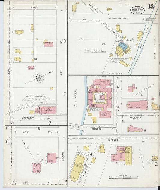 Sanborn Fire Insurance Map from Monroe, Monroe County, Michigan (1899), Sheet #0013 - Historic Sanborn Fire Insurance Map Print, vintage old map wall art, antique decor, genealogy gift, Michigan Michigan map