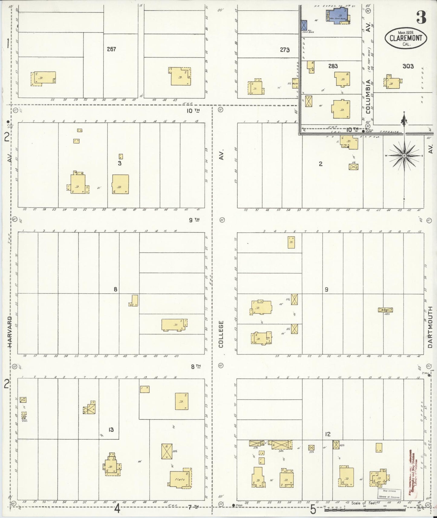 Sanborn Fire Insurance Map from Claremont, Los Angeles County, California (1909), Sheet #0003 - Complete Map Set gallery image, historic Sanborn map, vintage wall art, California California