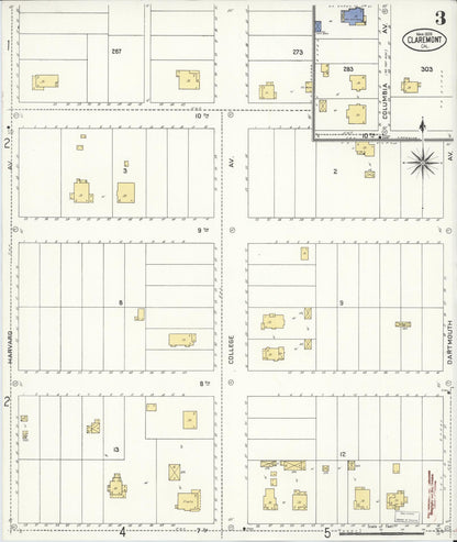 Sanborn Fire Insurance Map from Claremont, Los Angeles County, California (1909), Sheet #0003 - Complete Map Set gallery image, historic Sanborn map, vintage wall art, California California