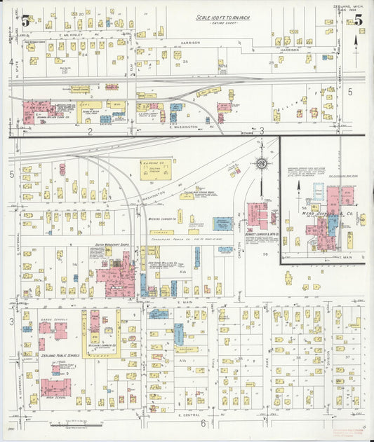 Sanborn Fire Insurance Map from Zeeland, Ottawa County, Michigan (1934), Sheet #0005 - Historic Sanborn Fire Insurance Map Print, vintage old map wall art, antique decor, genealogy gift, Michigan Michigan map